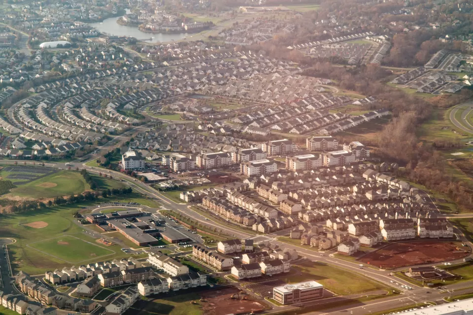 Aerial view of suburban Sterling, Virginia near Washington D.C.